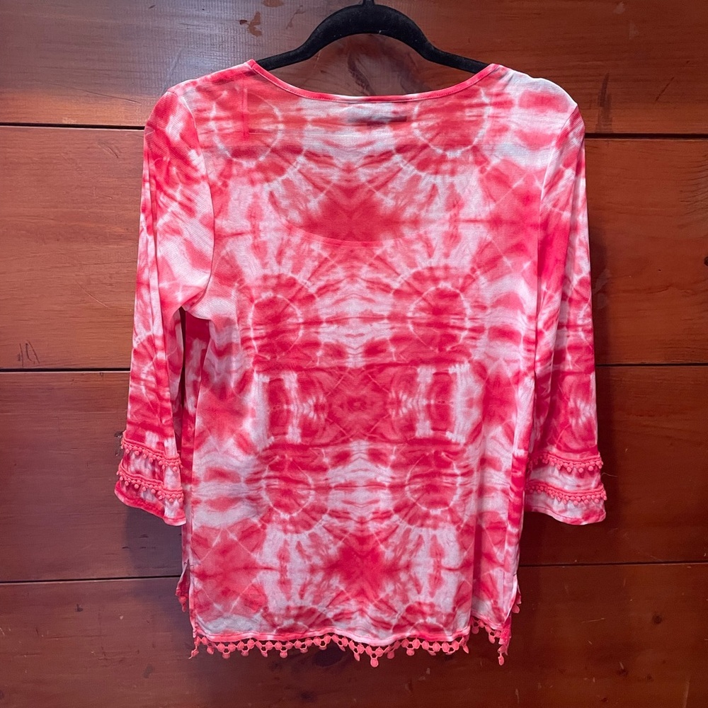 INC. woman’s sheer tie‎ dye top with ball fringe trimming, size medium - Picture 6 of 9